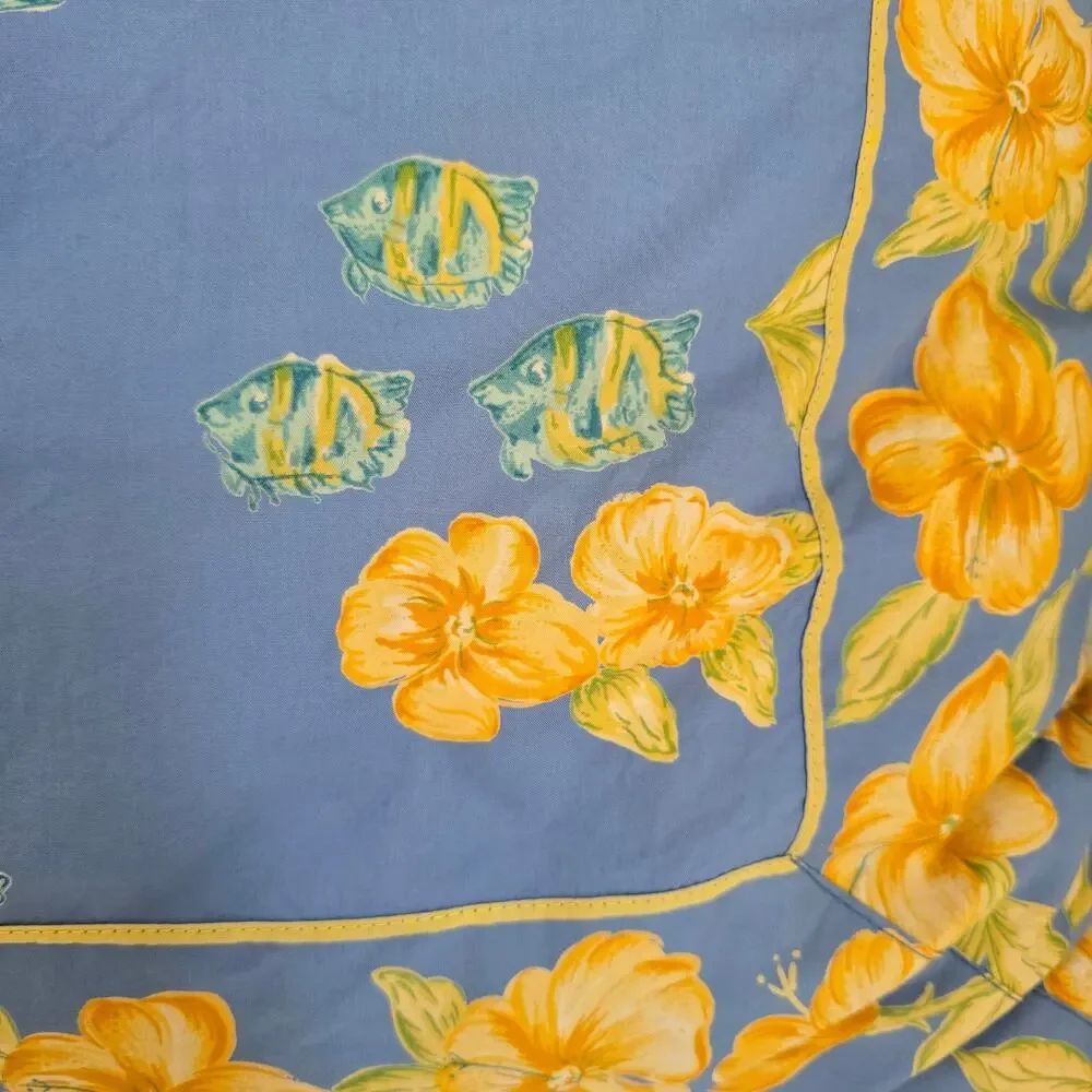 Vintage April Cornell Pillow Cover Insert Blue Yellow Fish Floral Cottagecore
